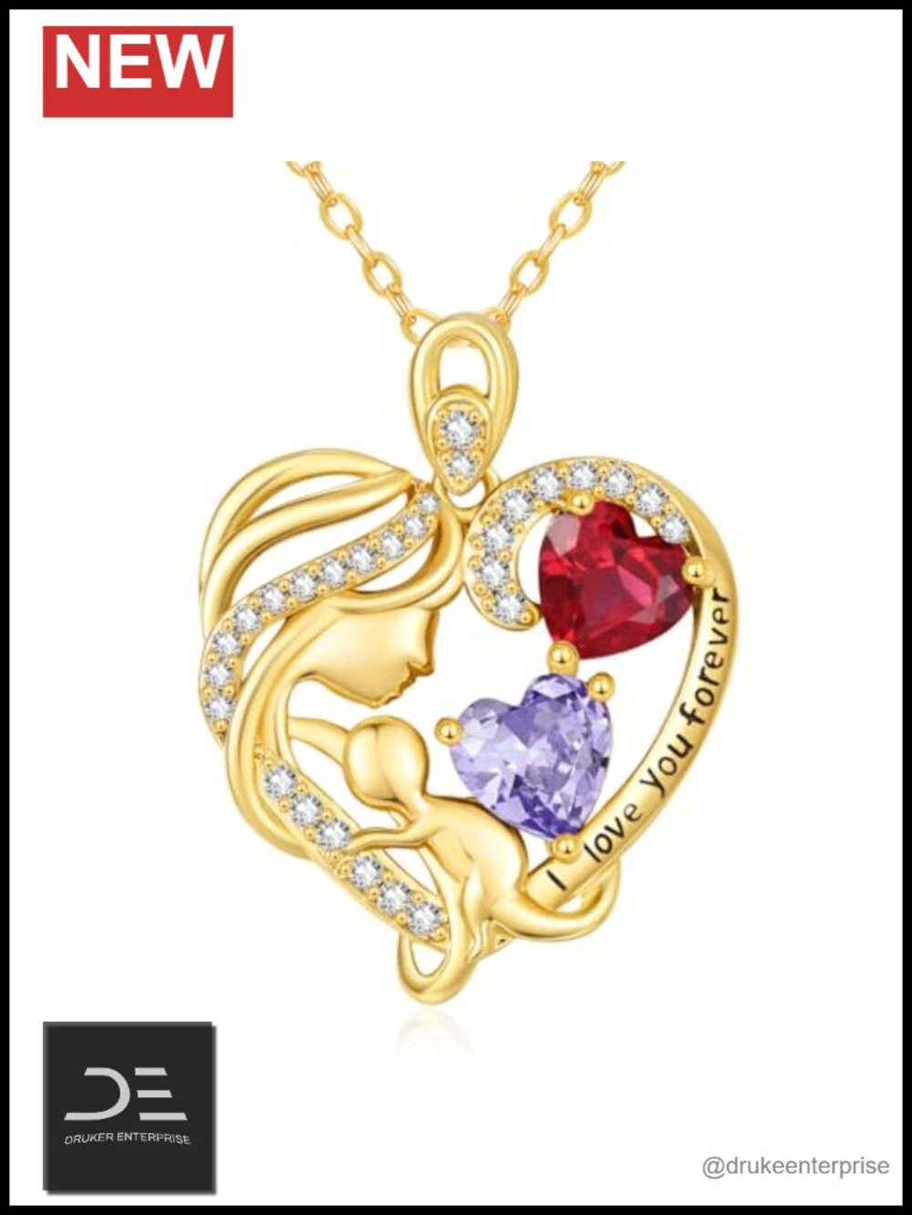 14K Gold Plated Mother Necklace Double Birthstone Pendant Gift for Mom
